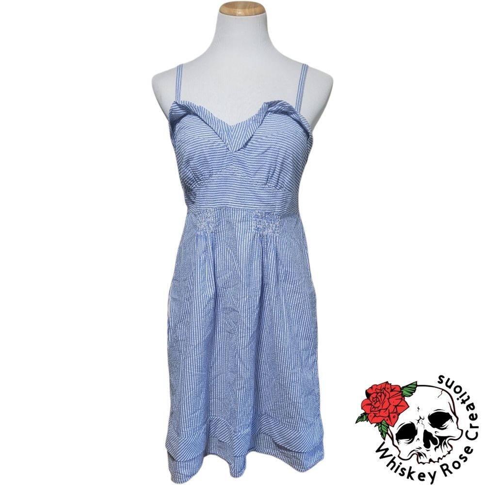 American Eagle Blue & White Striped Open Back Sun Dress With Pockets  Womens 12